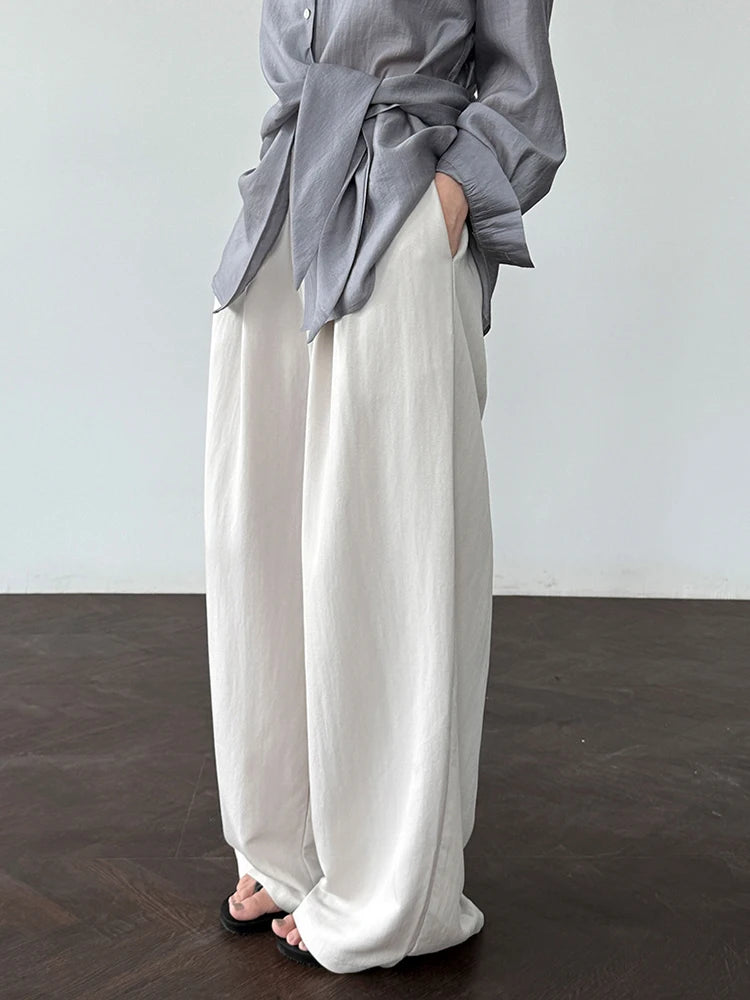 High Waist White Blue Brief Pocket Casual Long Wide Leg Pants New Trousers Women Fashion Tide Spring Autumn 2025 1DJ1357