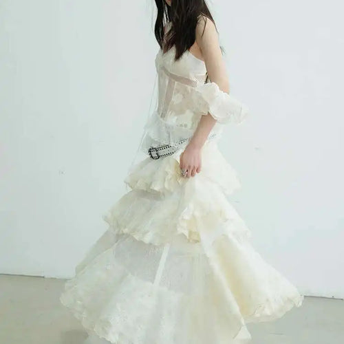 Load image into Gallery viewer, Women Beige Lace Perspective Long Spaghetti Strap Dress New V-Neck Sleeveless Fashion Tide Spring Autumn 2025 1DJ0684
