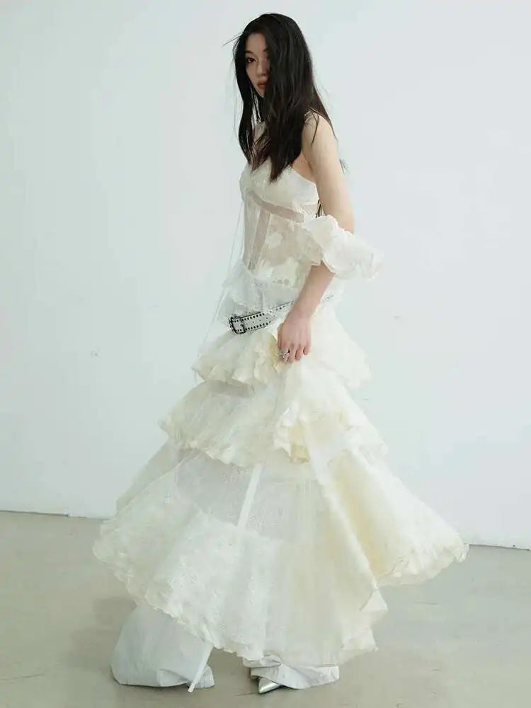 Women Beige Lace Perspective Long Spaghetti Strap Dress New V-Neck Sleeveless Fashion Tide Spring Autumn 2025 1DJ0684