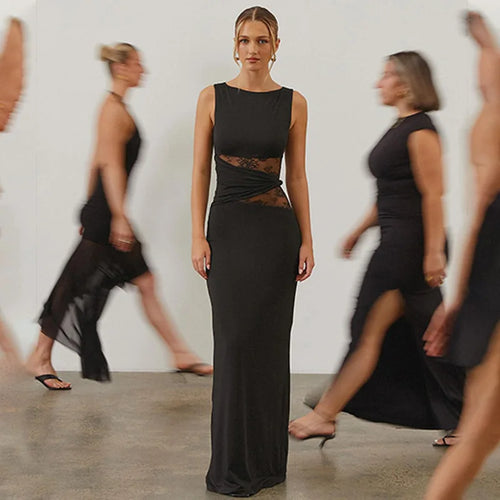 Load image into Gallery viewer, Sheer Lace Sleeveless Sexy Maxi Dress For Women Gown Summer Patchwork Fashion O Neck Bodycon Long Tank Dress Vestido
