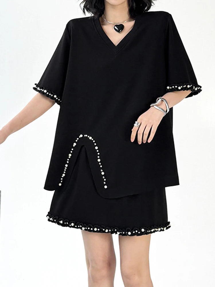Black Pearled T-shirt Mini Skirt Two Pieces Suit New Round Neck Short Sleeve Women Fashion Spring Summer 2025 1DJ1124