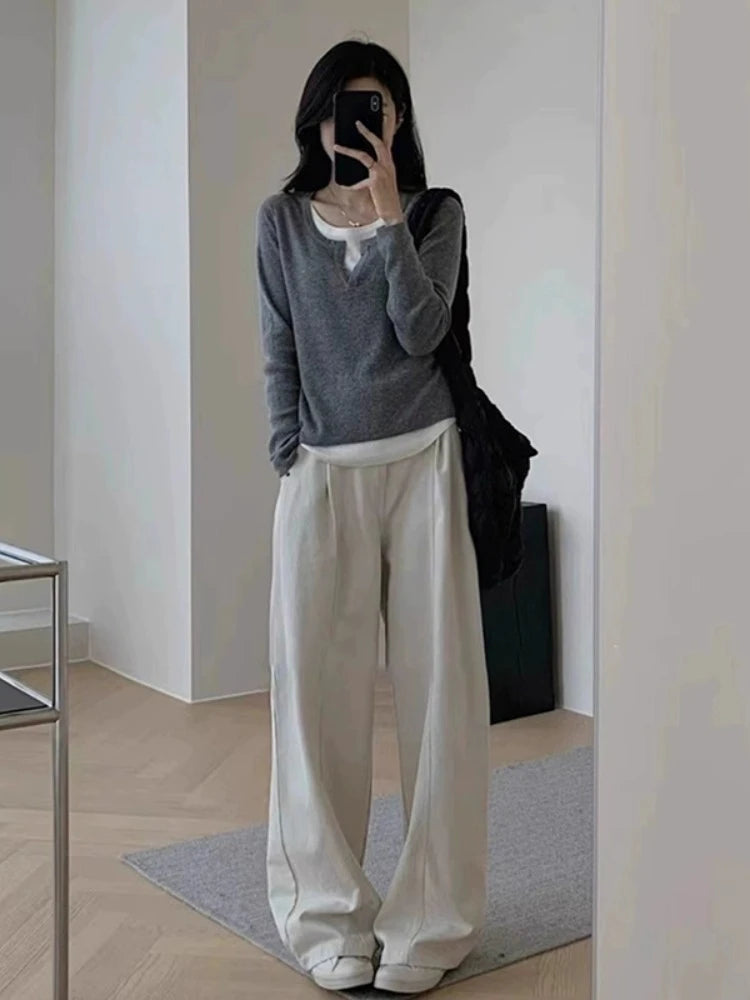 Y2k Aesthetics Fake Two Pieces Streetwear T-shirt Knitted Grunge Casual Loose Tshirt 2025 Autumn Harajuku Irregular Vintage Tops