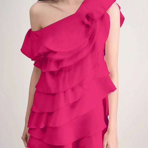 Load image into Gallery viewer, Solid Spliced Ruffles Slimming Dresses For Women Diagonal Collar Sleeveless High Waist Temperament Dress Female New
