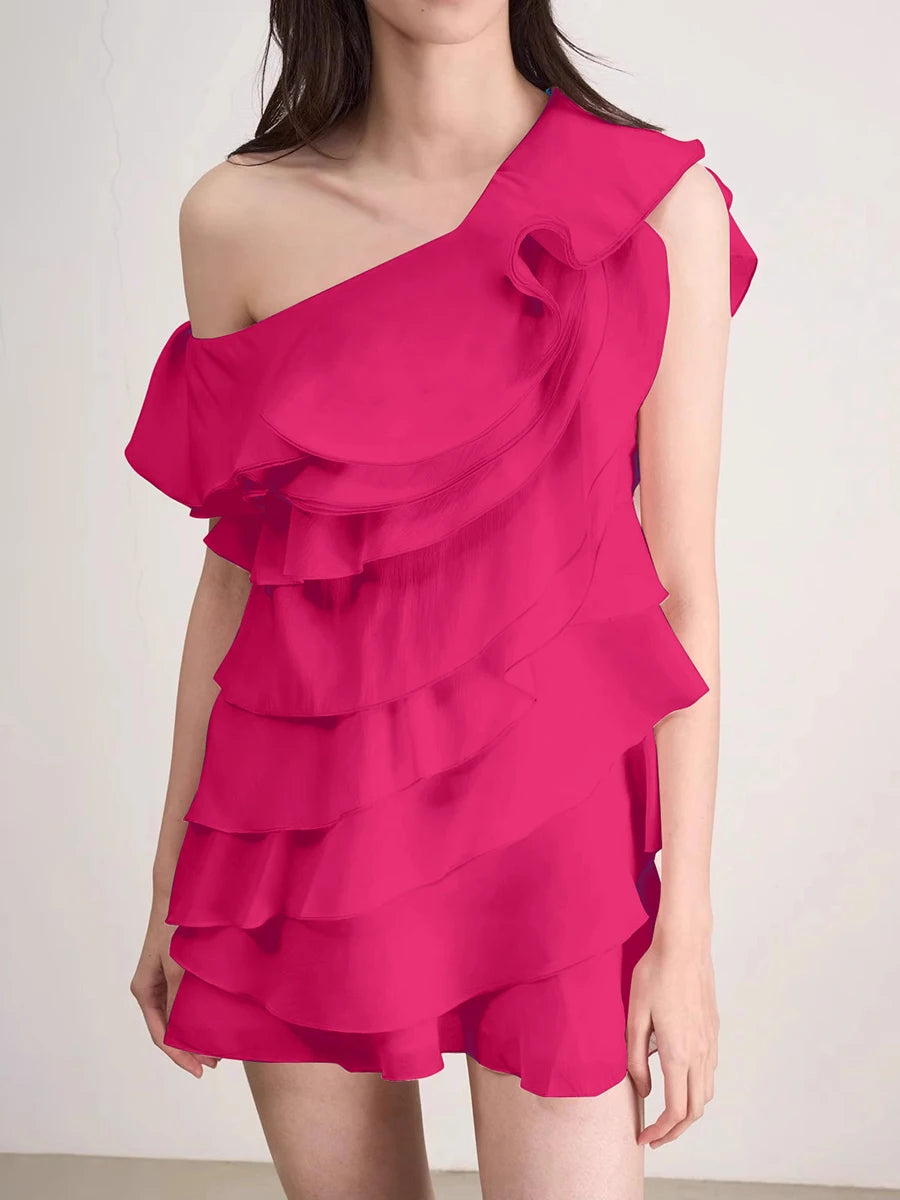 Solid Spliced Ruffles Slimming Dresses For Women Diagonal Collar Sleeveless High Waist Temperament Dress Female New