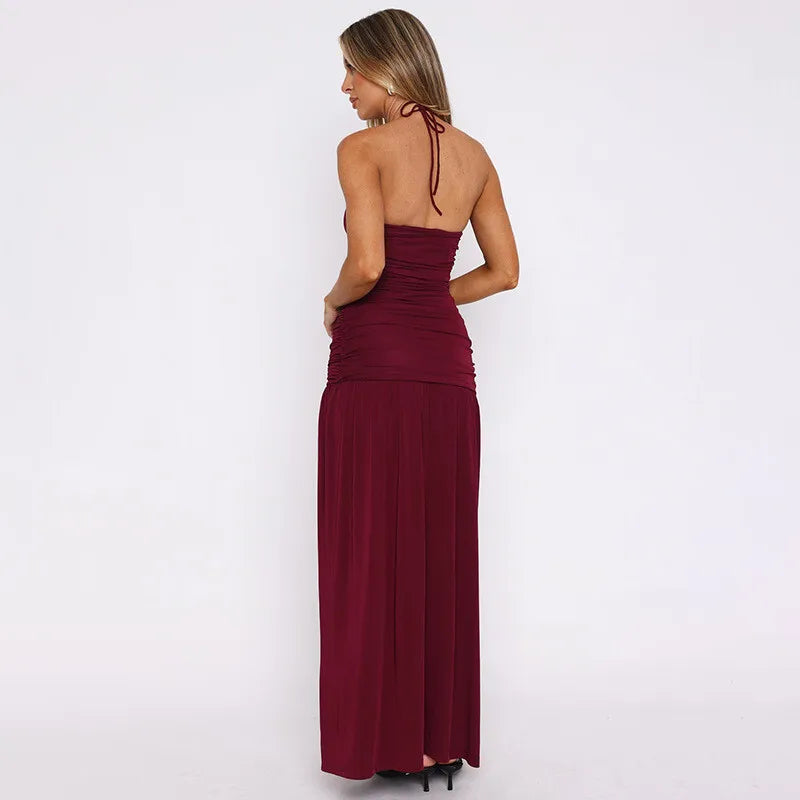 Spaghetti Strap Split Sexy Maxi Dress For Women Elegant Halter Sleeveless Backless High Waist Bodycon Club Party Dress