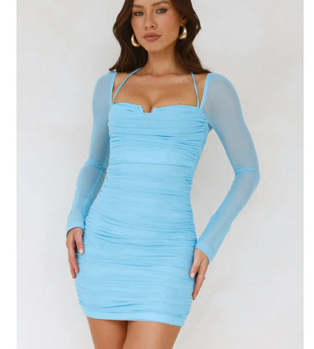 Elegant Long Sleeved Mesh Patchwork Elastic Tight Dress Women Sexy Square Neck Backless Slim Party Club Evening Dress