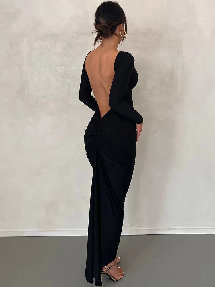 Women Fashion Long Sleeves Backless Draped Sexy Slim Maxi Dress 2025 Spring Elegant Streetwear Party Club Y2K Outfit