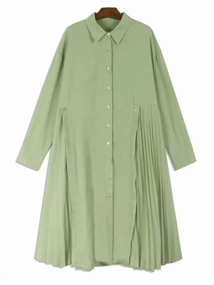 Women Green Hem Irregular Pleated Big Size Shirt Dress New Lapel Long Sleeve Fashion Tide Spring Autumn 2025 1DH6769