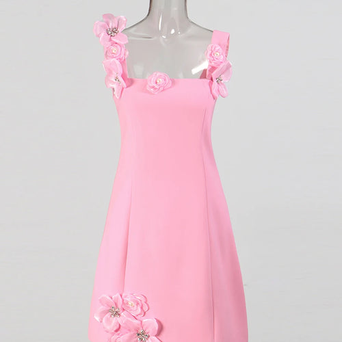 Load image into Gallery viewer, Solid Slimming Minimalist Mini Dresses for Women Square Neck Sleeveless Patchwork 3D Flower Dress Female Clothing
