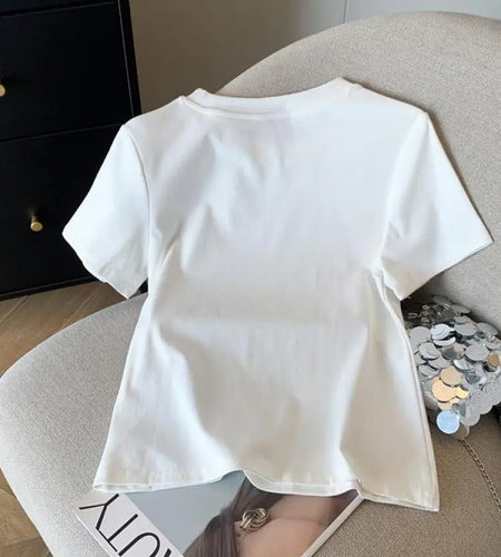 Summer White Letters And Numbers 2024 Print Streetwear T Shirt Y2k Harajuku Women Cotton Round Neck Short Sleeve Tops Versatile
