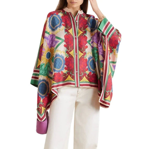 Load image into Gallery viewer, Stylish Selection Batwing Sleeves Flower Print Stand Collar Blouses Women Spring Summer High-low Buttoned Shirts Tops
