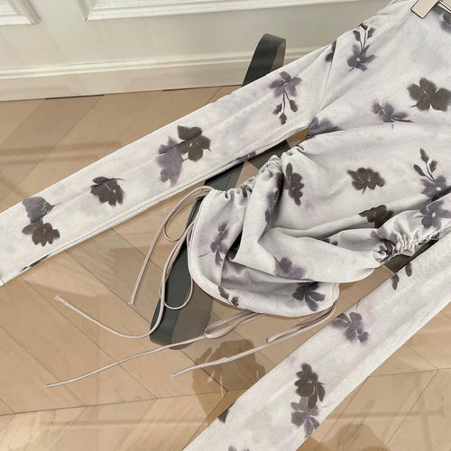 Load image into Gallery viewer, Spring Women Blue Grey Print Elegant Long Sleeve T Shirt French Fashion Ladies Off Shoulder Slim Tops Casual Clothes Trendy Chic
