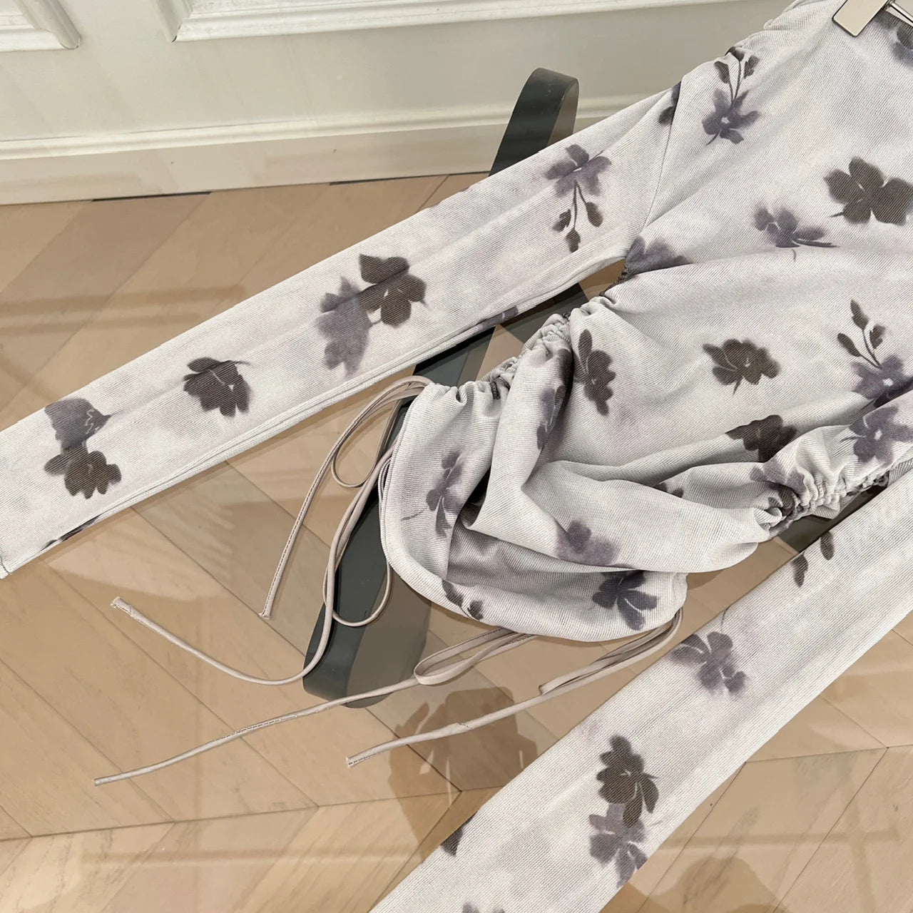 Spring Women Blue Grey Print Elegant Long Sleeve T Shirt French Fashion Ladies Off Shoulder Slim Tops Casual Clothes Trendy Chic