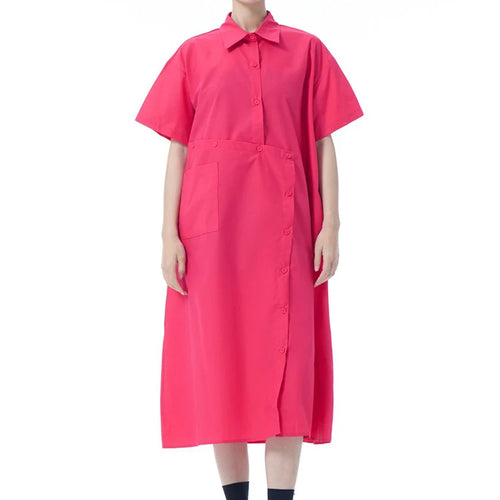Load image into Gallery viewer, Women Black Irregular Button Big Size Midi Shirt Dress New Lapel Short Sleeve Fashion Tide Spring Summer 2025 1DJ0954
