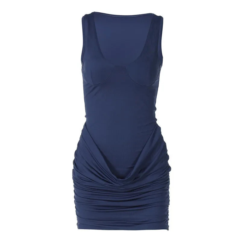 Sleeveless Ruched Sexy Mini Dress For Women Robe New Fashion Solid U Neck Sleeveless Bodycon Club Dress Partywear