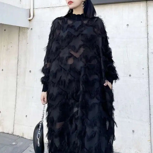 Load image into Gallery viewer, Women Black Tassels Perspective Big Size Knee-Length Dress New Turtleneck Long Sleeve Fashion Spring Autumn 2025 1DH8741
