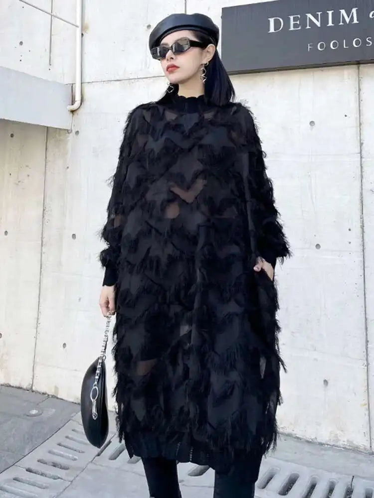 Women Black Tassels Perspective Big Size Knee-Length Dress New Turtleneck Long Sleeve Fashion Spring Autumn 2025 1DH8741