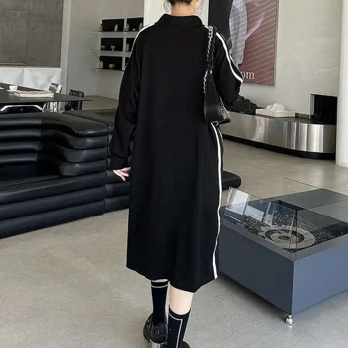 Load image into Gallery viewer, Women Black Striped Spliced Zipper Big Size Midi Dress New Turtleneck Long Sleeve Fashion Tide Spring Autumn 2025 1DH6819
