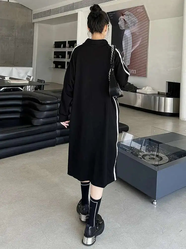Women Black Striped Spliced Zipper Big Size Midi Dress New Turtleneck Long Sleeve Fashion Tide Spring Autumn 2025 1DH6819