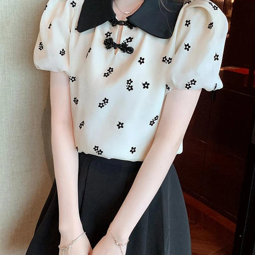 Load image into Gallery viewer, Printed Puff Sleeve Chic Bow Straight Female Blouse Korean Style Chiffon Peter Pan Collar Basic Fashion Women&#39;s Blouses
