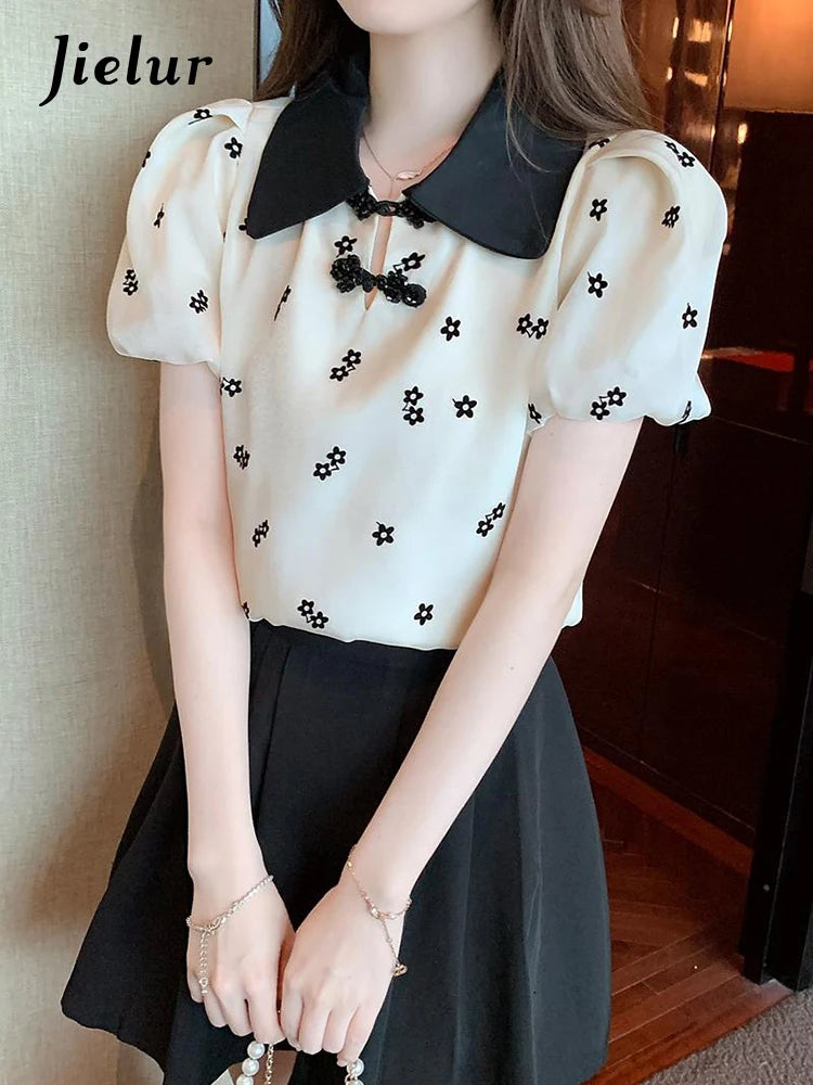 Printed Puff Sleeve Chic Bow Straight Female Blouse Korean Style Chiffon Peter Pan Collar Basic Fashion Women's Blouses