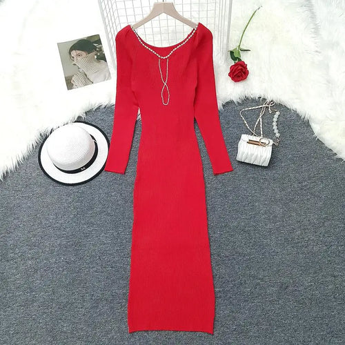 Load image into Gallery viewer, Autumn Winter Women's Solid Diamond Temperament Long Sleeved Dress French Square Neck Office Lady Knitwear Dress 2024 Simplicity
