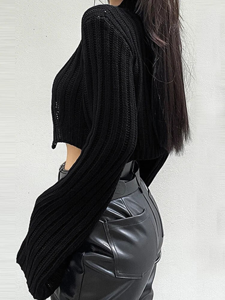 Solid Split Hem Sexy Knitting Sweaters For Women Half High Collar Flare Sleeve Chic Sweater Female Fashion Clothing