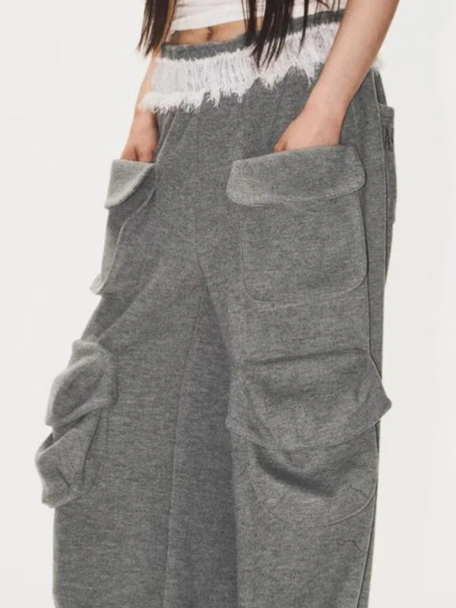 Loose Spliced Pockets Casual Pants for Women High Waist Patchwork Lace Fashion Wide Leg Pant Female Clothing New