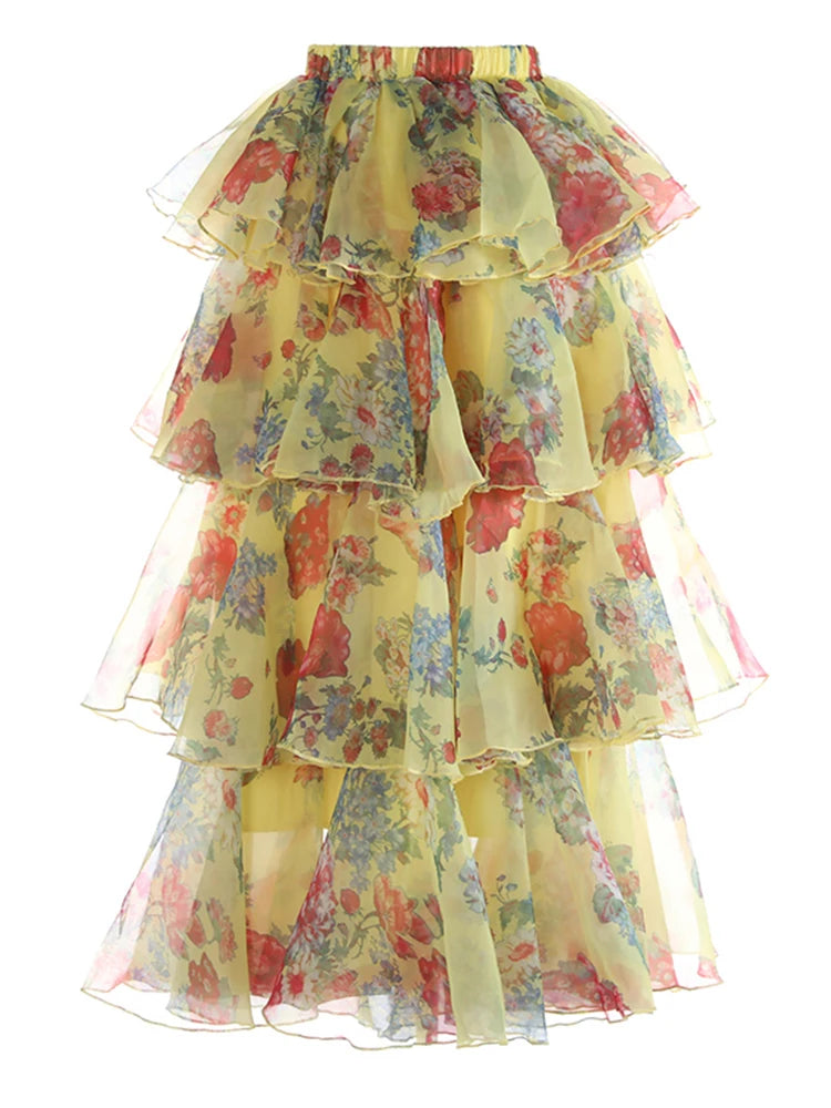 High Elastic Waist Red Printed Organza Layers Cake Half-body Skirt Women Fashion Tide New Spring Autumn 2025 1DJ1174