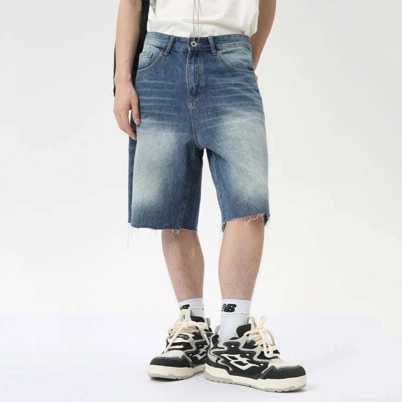 American Style Men's Denim Shorts Casual Worn-out Straight Male Trousers Wide Leg Loose Bottom Trend Summer 9C6318