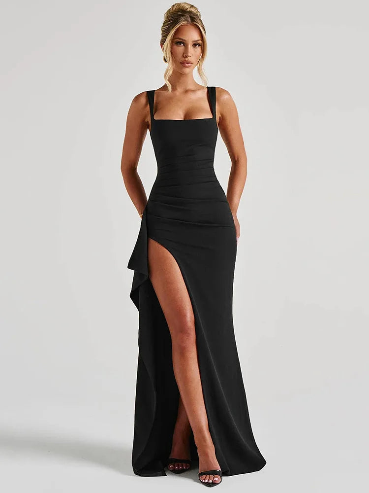 Black Backless Sexy Maxi Dress For Women Gown Spaghetti Strap Sleeveless Thigh High Split Club Evening Long Dress
