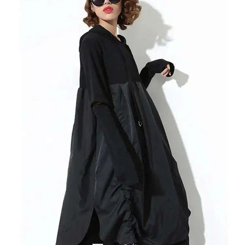 Load image into Gallery viewer, Women Black Drawstring Hollow Out Big Size Irregular Dress New Hooded Long Sleeve Fashion Tide Spring Autumn 2025 JD076
