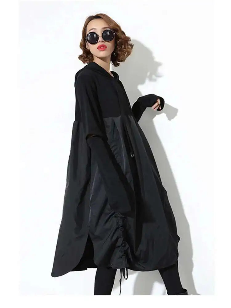Women Black Drawstring Hollow Out Big Size Irregular Dress New Hooded Long Sleeve Fashion Tide Spring Autumn 2025 JD076