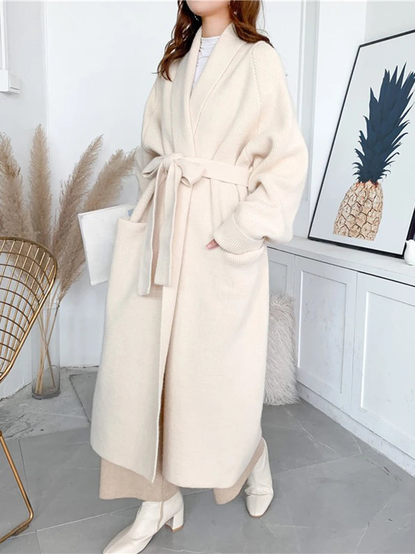 Black Belted Big Size Long Knitting Cardigan Sweater V-Neck Long Sleeve Women New Fashion Tide Spring Autumn 2025 1DH6446