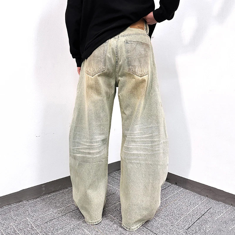 Men's Jeans New Casual Pants Curved Knife Style Washed Straight Wide Leg Trendy Worn-out Personaility Male Clothing 9W1858