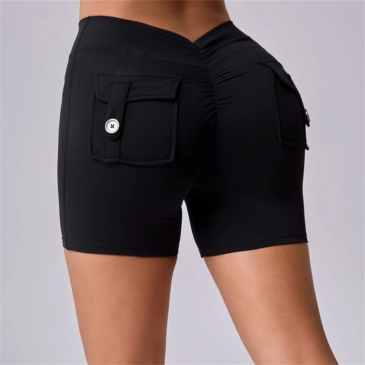 Deep V Back Yoga Shorts Women Pocket Scrunched Butt Gym Leggings High Waist Push Up Tights Sexy Booty Sports Shorts Fitness