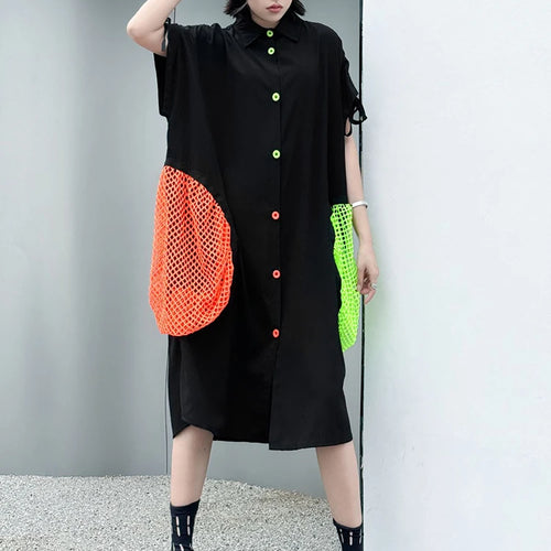 Load image into Gallery viewer, Women Black Color-block Grid Pocket Big Size Shirt Dress New Lapel Short Sleeve Fashion Tide Spring Summer 2025 1DJ1332
