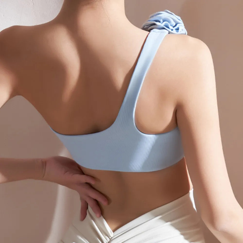 Off-shoulder Bra Solid Color Sports Tops Woman Gym White Black Sports Bra Sexy One-Shoulder Split Women's Flower Yoga Clothes