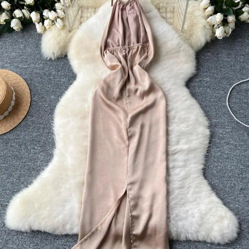 Load image into Gallery viewer, New Summer Women Khaki Sexy Backless Evening Party Halter Lace-up Dress Retro Elegant Sleeveless Slim Prom Pleated Dress Fashion
