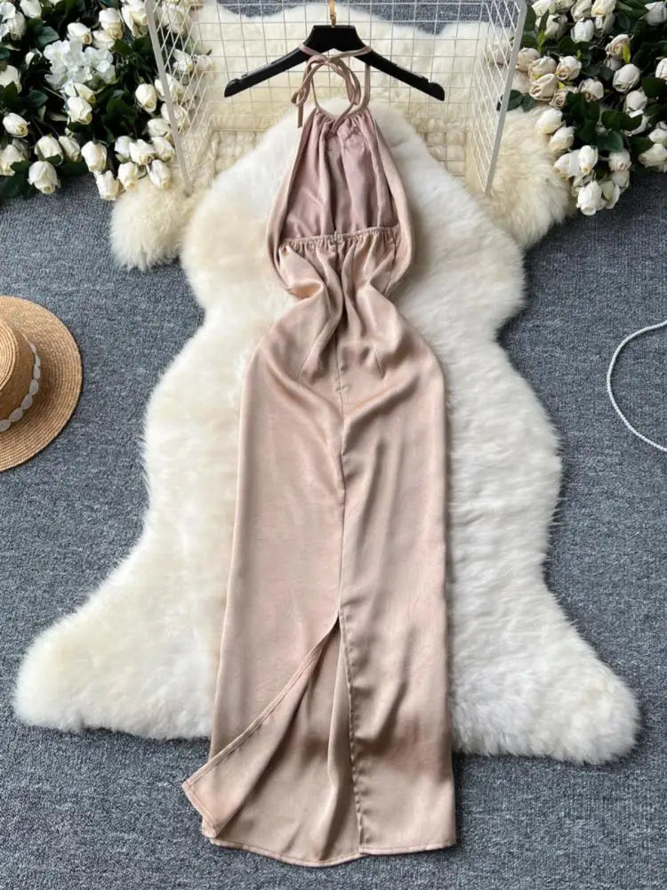 New Summer Women Khaki Sexy Backless Evening Party Halter Lace-up Dress Retro Elegant Sleeveless Slim Prom Pleated Dress Fashion