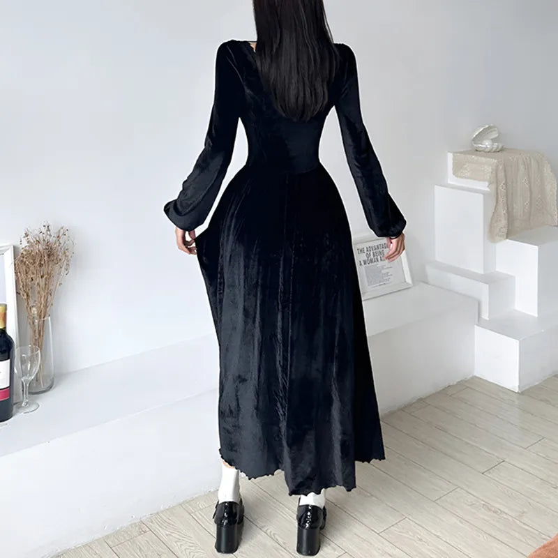 Square Neck Lace Trim Black Velour Autumn Dress A-Line Korean Fashion Fold Corset Long Dress Elegant Party Birthday