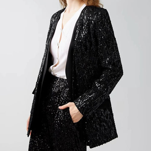 Load image into Gallery viewer, Solid Spliced Sequines Casual Jackets For Women V Neck Long Sleeve Patchwork Pockets Temperament Coat Female New

