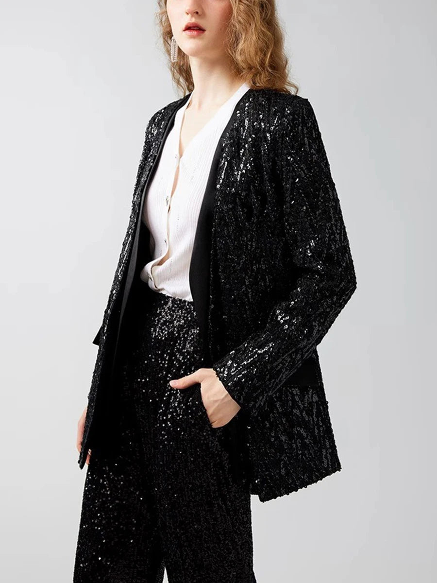 Solid Spliced Sequines Casual Jackets For Women V Neck Long Sleeve Patchwork Pockets Temperament Coat Female New
