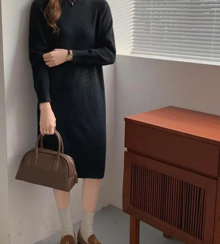 Autumn Winter 2023 New Solid High Neck Casual Loose Knitted Dresses Women Straight Long Sleeve Sweater Dress Popular Simplicity