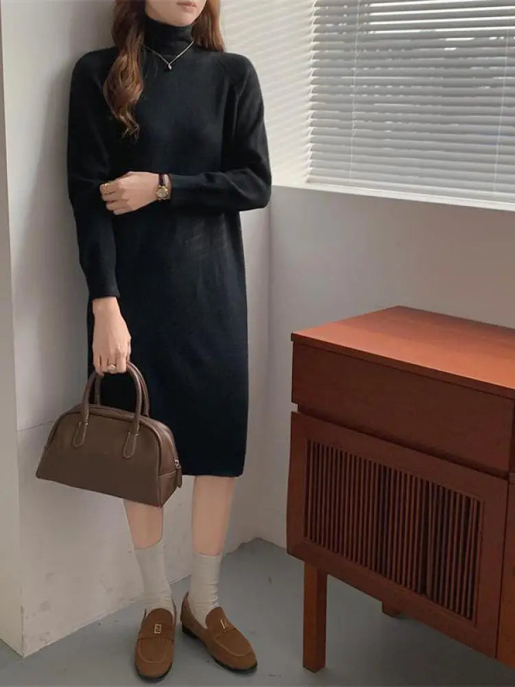 Autumn Winter 2023 New Solid High Neck Casual Loose Knitted Dresses Women Straight Long Sleeve Sweater Dress Popular Simplicity