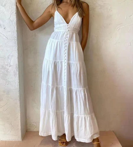 Sexy White Dress For Women V Neck Sleeveless High Waist Solid Minimalist Midi Dresses Female Korean Fashion 2022 Summer New