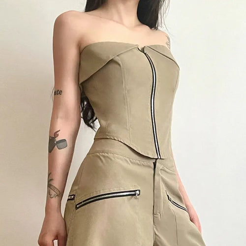 Load image into Gallery viewer, Fashion Strapless Khaki Draped Female Tube Top Corset Streetwear Cargo Style Summer Women&#39;s Tank Tops Crop Clubwear
