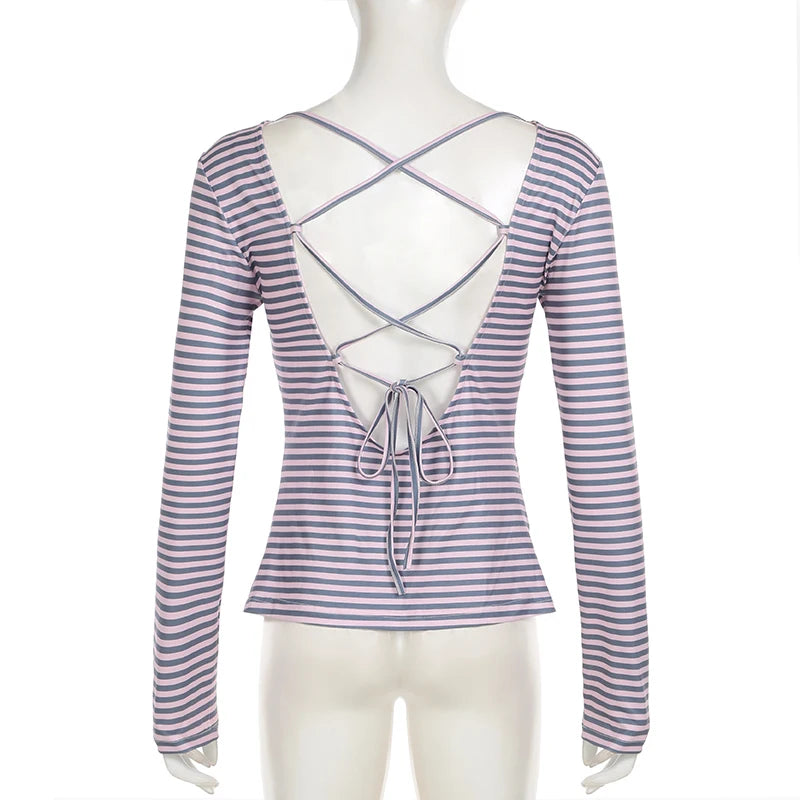 Harajuku Chic Backless Striped Long Sleeve T-shirt For Women Y2K Spring Autumn Korean Top Tee Lace-Up Gilrs Cutecore