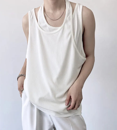 Men's Vest New Trendy Fake Two-peice Design Baggy Solid Color Male Sleeveless Tops Personality Men Wear Spring 9Y8510