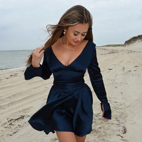 Load image into Gallery viewer, Autumn and Winter Long Sleeve Dress Navy Blue Long Belt A Line Mini Dress V Neck Casual Women's Clothing
